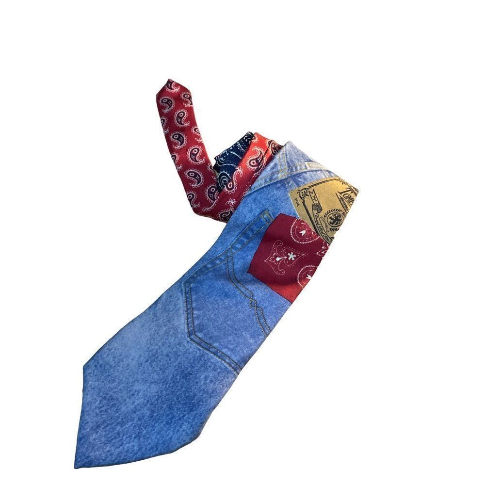 Tommy Hilfiger Men's Silk Tie Denim Patchwork Bandana USA Made Novelty Necktie